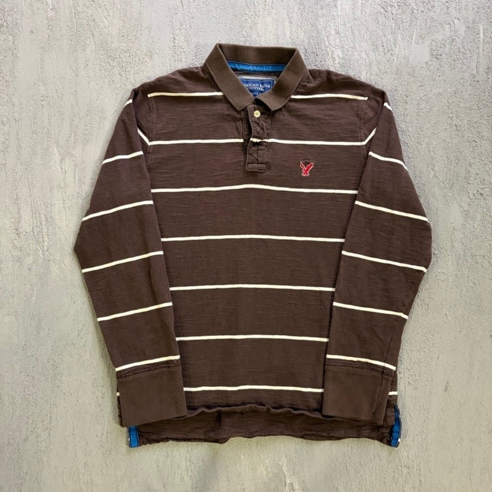 Vintage American Eagle Polo Shirt Large Brown 2000s Y2K Striped Long Sleeve